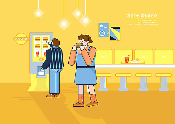 PSD 여자 남자 액자 일러스트 탁자 조명 사람 두명 노란색 감자튀김 햄버거 계산 콜라 편리함 셀프 자판기 키오스크 햄버거가게 무인매장 국내일러스트 컬러 가구 컨셉 감자 패스트푸드 상점 식당 튀김 탄산음료 파일형식