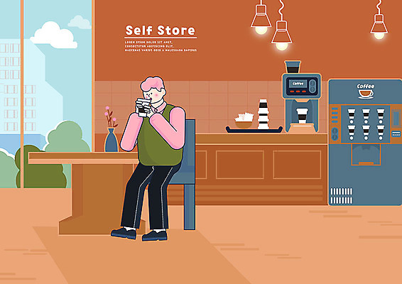 PSD 남자 커피 일러스트 창문 탁자 조명 한명 사람 갈색 주황색 카페 커피메이커 편리함 셀프 커피자판기 키오스크 남자한명만 무인매장 국내일러스트 1 음료 컬러 가구 컨셉 상점 자판기 커피용품 남자만 파일형식