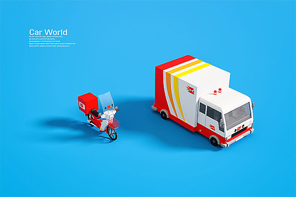 PSD 편집 편집이미지 사람없음 3D소스 3D 스쿠터 오토바이 입체 디지털합성 오브젝트 파란배경 우체국 우체국차 우체국택배 로우폴리 편집소스 탑차 편집3D 백그라운드 자동차 파란색 바이크 트럭 택배 기관 파일형식