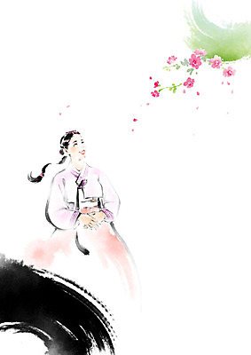 PSD 여자 꽃 분홍색 일러스트 캘리그라피 붓터치 흑백 한명 사람 뷰티 전통의상 한복 저고리 번짐 댕기머리 여자한복 인물화 여자한명만 국내일러스트 식물 1 한국전통 전통 헤어스타일 컬러 촬영기법 그림 여자만 파일형식 효과