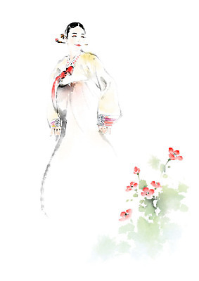 PSD 식물 여자 꽃 일러스트 캘리그라피 붓터치 흑백 한명 사람 컬러풀 뷰티 전통의상 한복 저고리 번짐 비녀 여자한복 인물화 여자한명만 국내일러스트 1 한국전통 전통 컬러 전통소품 촬영기법 그림 여자만 파일형식 효과 헤어액세사리