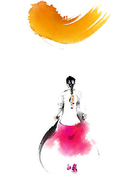 PSD 여자 분홍색 일러스트 캘리그라피 붓터치 흑백 한명 사람 뷰티 주황색 달 전통의상 한복 번짐 댕기머리 여자한복 인물화 여자한명만 국내일러스트 자연요소 1 한국전통 전통 헤어스타일 컬러 촬영기법 그림 여자만 파일형식 효과