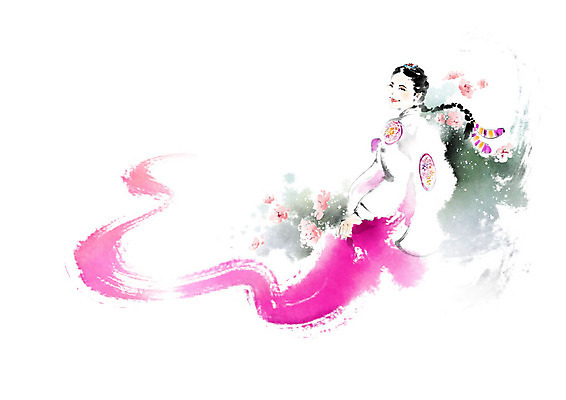 PSD 여자 꽃 일러스트 캘리그라피 붓터치 흑백 한명 사람 컬러풀 뷰티 전통의상 한복 저고리 번짐 댕기머리 여자한복 인물화 여자한명만 국내일러스트 식물 1 한국전통 전통 헤어스타일 컬러 촬영기법 그림 여자만 파일형식 효과