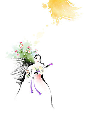 PSD 여자 꽃 일러스트 캘리그라피 붓터치 흑백 한명 사람 컬러풀 뷰티 달 전통의상 한복 저고리 번짐 댕기머리 여자한복 인물화 여자한명만 기와담장 국내일러스트 자연요소 식물 1 한국전통 전통 헤어스타일 컬러 촬영기법 기와 담장 그림 여자만 파일형식 효과