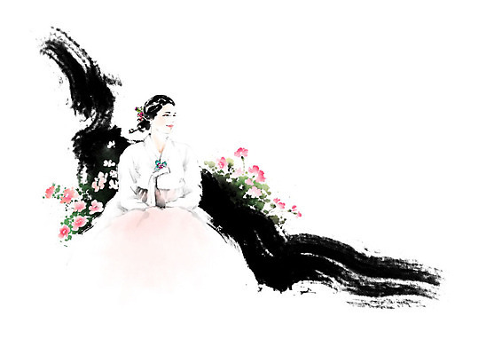 PSD 식물 여자 꽃 일러스트 장신구 캘리그라피 붓터치 흑백 한명 사람 장식 컬러풀 뷰티 전통의상 한복 저고리 번짐 비녀 여자한복 인물화 여자한명만 국내일러스트 1 한국전통 전통 컬러 전통소품 촬영기법 그림 여자만 파일형식 효과 헤어액세사리