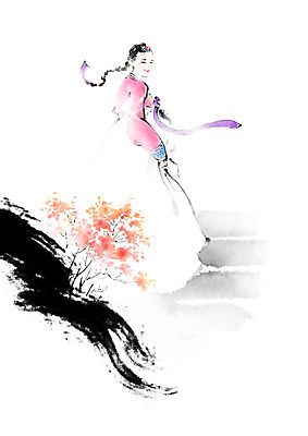 PSD 식물 여자 꽃 일러스트 캘리그라피 붓터치 흑백 한명 사람 컬러풀 뷰티 계단 전통의상 한복 저고리 번짐 댕기머리 여자한복 인물화 여자한명만 국내일러스트 1 한국전통 전통 헤어스타일 컬러 촬영기법 그림 여자만 파일형식 효과