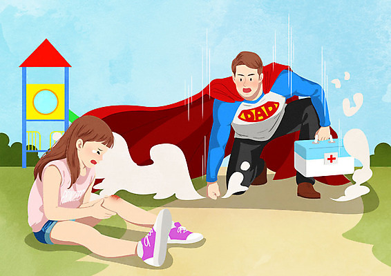 PSD 여자 남자 딸 행복 어린이 일러스트 가족 사람 성인 두명 컬러풀 아빠 구급상자 상처 놀이터 망토 즐거움 슈퍼맨 슈퍼맨의상 슈퍼히어로 국내일러스트 옷 감정 컬러 관계 놀이 의료용품 영웅 파일형식
