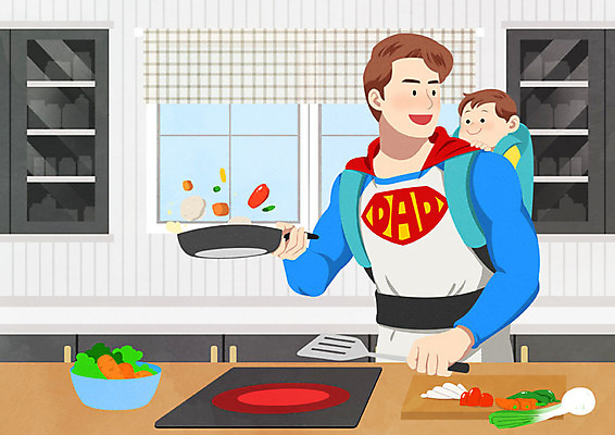 PSD 남자 행복 채소 일러스트 창문 가족 선반 도마 요리 사람 성인 두명 컬러풀 주방 아기 프라이팬 아빠 망토 즐거움 뒤집개 슈퍼맨 슈퍼맨의상 슈퍼히어로 국내일러스트 옷 감정 컬러 가구 관계 주방용품 영웅 파일형식