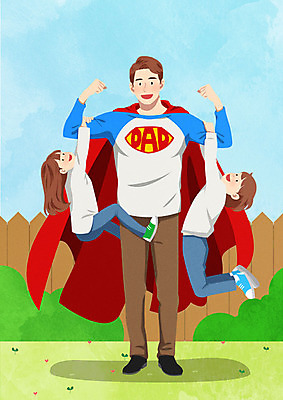 PSD 여자 남자 딸 행복 아들 어린이 일러스트 가족 매달리기 사람 성인 세명 울타리 컬러풀 아빠 망토 즐거움 슈퍼맨 슈퍼맨의상 슈퍼히어로 국내일러스트 옷 감정 컬러 관계 모션 담장 영웅 파일형식