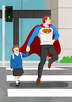 PSD 여자 남자 딸 행복 어린이 일러스트 가족 안전 사람 빌딩 성인 두명 컬러풀 아빠 횡단보도 신호등 망토 즐거움 슈퍼맨 슈퍼맨의상 슈퍼히어로 스쿨존 국내일러스트 옷 감정 컬러 관계 건물 보행로 영웅 파일형식