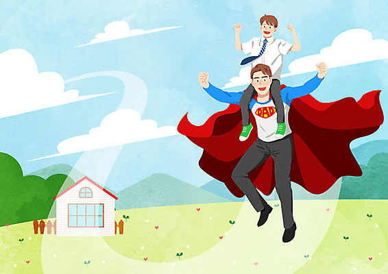 PSD 구름 남자 행복 아들 어린이 일러스트 가족 하늘 산 주택 사람 초원 성인 두명 울타리 컬러풀 아빠 망토 즐거움 등교 슈퍼맨 슈퍼맨의상 슈퍼히어로 남자만 국내일러스트 자연요소 옷 감정 컬러 관계 건물 담장 등하교 영웅 파일형식