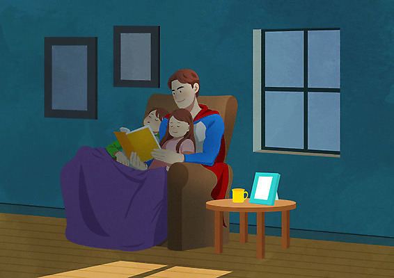 PSD 여자 남자 딸 행복 아들 어린이 액자 거실 일러스트 창문 가족 탁자 사람 성인 컵 세명 소파 컬러풀 아빠 망토 담요 즐거움 동화책 슈퍼맨 슈퍼맨의상 슈퍼히어로 국내일러스트 식기 옷 감정 컬러 가구 의자 관계 책 영웅 파일형식