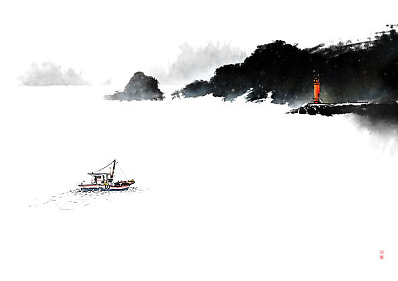 PSD 일러스트 캘리그라피 자연 붓터치 산 등대 흑백 풍경 사람없음 빨간색 평화 어선 번짐 어촌 낙관 운항 선박 국내일러스트 컬러 컨셉 수상교통 배_교통 촬영기법 시골 생태계 파일형식 효과