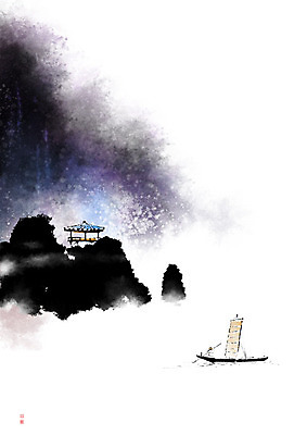 PSD 나무 호수 일러스트 캘리그라피 자연 붓터치 산 흑백 한명 사람 풍경 컬러풀 평화 나룻배 뱃사공 정자 번짐 낙관 나루터 국내일러스트 식물 1 건축물 컬러 컨셉 배_교통 촬영기법 항구 생태계 파일형식 효과