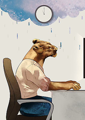 PSD 동물 한마리 시계 의자 일러스트 스트레스 의인화 피곤 사람 컴퓨터 컬러풀 사무실 슬픔 업무 직장인 사자 책상 야근 국내일러스트 직업 1 감정 컬러 가구 컨셉 비즈니스 포유류 전자제품 작업 파일형식