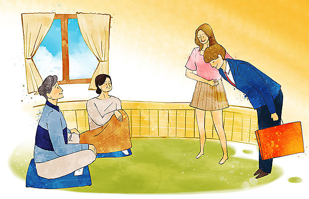 PSD 여자 남자 행복 결혼 일러스트 창문 신혼부부 방석 사람 여러명 성인 쇼핑백 방 인사 커튼 준비 설렘 상견례 국내일러스트 부부 감정 다수 가방 이벤트 예절 신혼 파일형식