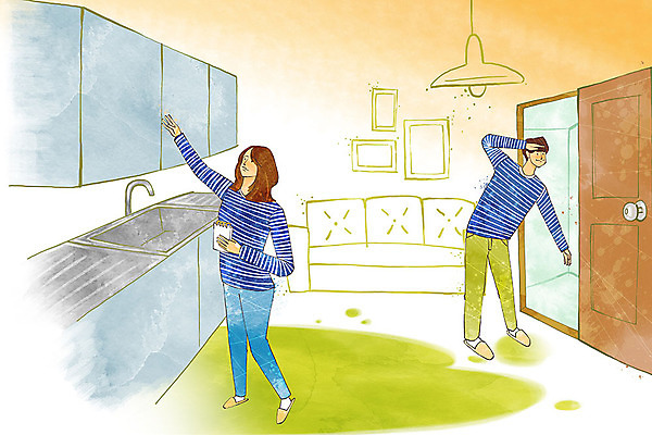 PSD 커플 여자 남자 행복 액자 결혼 일러스트 신혼부부 조명 사람 성인 두명 소파 문 주방 방 싱크대 준비 커플룩 설렘 신혼집 성인만 국내일러스트 부부 옷 감정 의자 관계 이벤트 개수대 신혼 파일형식