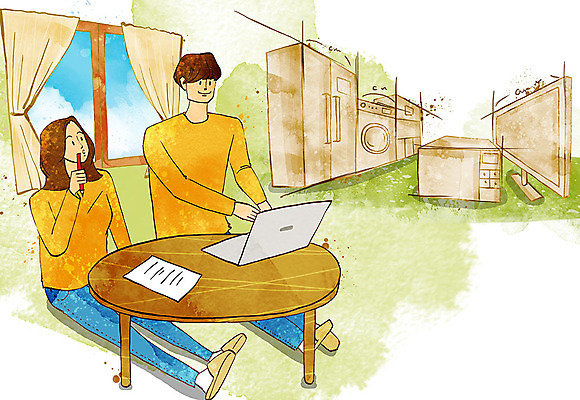 PSD 여자 남자 행복 결혼 일러스트 창문 신혼부부 탁자 사람 성인 두명 노트북 가전제품 메모지 커튼 준비 신혼 살림 설렘 신혼생활 신혼집 성인만 국내일러스트 부부 감정 가구 이벤트 전자제품 사무용품 파일형식