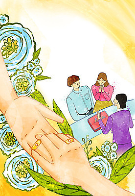 PSD 손 여자 남자 꽃 행복 결혼 일러스트 신혼부부 사람 성인 신체부위 세명 반지 준비 예물 결혼반지 설렘 예물반지 국내일러스트 식물 부부 감정 장신구 이벤트 신혼 파일형식