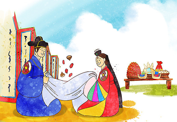 PSD 커플 여자 남자 행복 신부 신랑 결혼 일러스트 신혼부부 사람 성인 두명 밤 한복 전통혼례 준비 대추 병풍 폐백 설렘 잉꼬 폐백상 성인만 국내일러스트 한국전통 부부 감정 관계 이벤트 견과류 전통의상 전통의례 신혼 파일형식