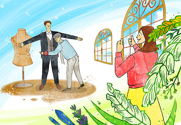 PSD 여자 남자 꽃 행복 결혼 일러스트 창문 신혼부부 사람 정장 성인 세명 마네킹 준비 예복 재단사 설렘 맞춤 국내일러스트 식물 직업 부부 옷 감정 이벤트 신혼 파일형식