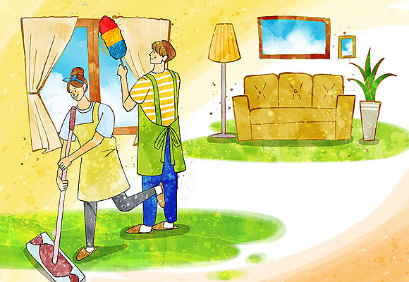 PSD 여자 남자 행복 화분 액자 결혼 일러스트 창문 신혼부부 슬리퍼 사람 성인 두명 소파 앞치마 스탠드 커튼 먼지떨이 청소 준비 대걸레 대청소 설렘 신혼집 국내일러스트 부부 감정 신발 의자 조명 이벤트 청소도구 신혼 파일형식