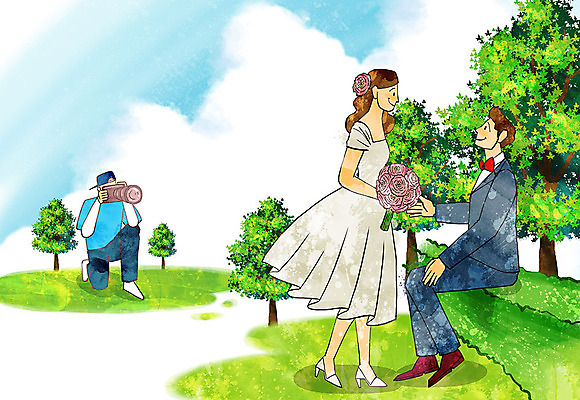 PSD 나무 구름 커플 여자 남자 행복 신부 부케 웨딩드레스 신랑 결혼 일러스트 신혼부부 하늘 사람 정장 성인 사진촬영 사진사 작가 준비 설렘 웨딩촬영 국내일러스트 자연요소 식물 직업 부부 드레스 옷 감정 꽃다발 관계 이벤트 촬영 신혼 기념사진 파일형식