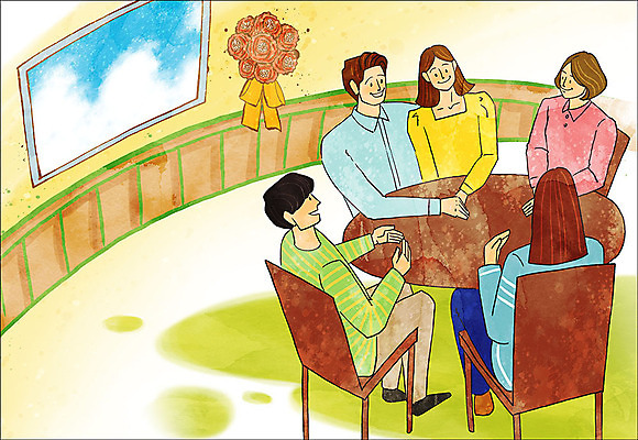 PSD 여자 남자 행복 꽃다발 결혼 의자 일러스트 창문 탁자 사람 여러명 성인 친구 준비 설렘 국내일러스트 꽃 감정 가구 다수 관계 이벤트 파일형식