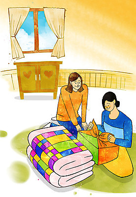 PSD 여자 행복 결혼 일러스트 포장 창문 엄마 사람 성인 두명 선물상자 이불 방 커튼 준비 서랍장 설렘 성인만 예단 친정엄마 국내일러스트 감정 가구 가족 침구 선물 이벤트 상자 전통혼례 파일형식