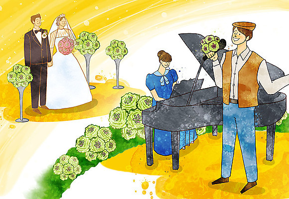 PSD 여자 남자 꽃 행복 신부 부케 신랑 결혼 일러스트 신혼부부 결혼식 사람 여러명 성인 연주자 가수 피아노 마이크 준비 피아니스트 설렘 예식장 축가 국내일러스트 식물 부부 감정 꽃다발 음향기기 다수 노래 이벤트 공간 음악가 건반악기 신혼 파일형식