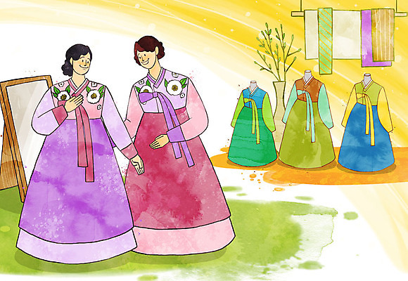 PSD 여자 행복 화분 결혼 일러스트 사람 성인 두명 옷걸이 마네킹 한복 준비 전신거울 설렘 성인만 국내일러스트 한국전통 감정 이벤트 거울 전통의상 파일형식