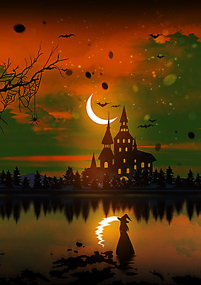 PSD 나무 일러스트 사람없음 반짝임 강 주황색 할로윈 달 가을 나뭇가지 성 야간 초승달 강가 무서움 마녀 거미 박쥐 가을축제 국내일러스트 자연요소 식물 건축물 계절 감정 컬러 곤충 포유류 모션 축제 파일형식 가을_계절