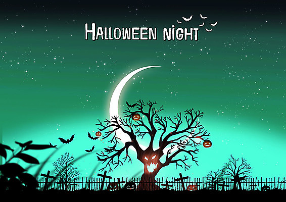 PSD 나무 식물 별 십자가 일러스트 사람없음 초록색 울타리 할로윈 달 가을 공동묘지 야간 무서움 박쥐 잭오랜턴 가을축제 국내일러스트 자연요소 계절 감정 컬러 포유류 담장 축제 무덤 파일형식 가을_계절