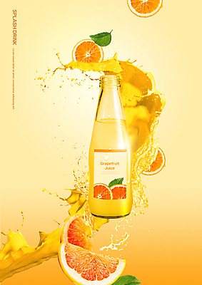 PSD 편집이미지 잎 유리병 사람없음 노란색 자몽 튀는물 패키지 자몽주스 스플래쉬 이미지편집 식물 컬러 과일 병_용기 과일주스 액체표현 파일형식