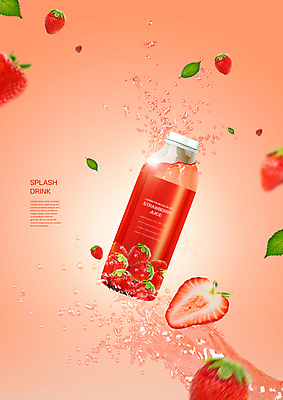 PSD 편집이미지 잎 딸기 사람없음 튀는물 패키지 딸기주스 음료수병 스플래쉬 코랄 이미지편집 식물 컬러 과일 과일주스 액체표현 병_담는 파일형식