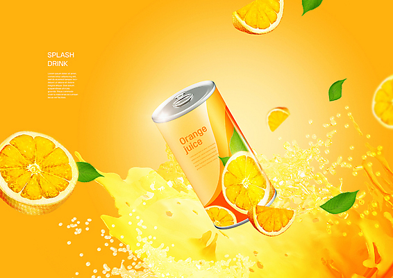 PSD 편집이미지 잎 오렌지 사람없음 주황색 캔 오렌지주스 튀는물 패키지 캔음료 스플래쉬 이미지편집 식물 음료 컬러 과일 과일주스 액체표현 파일형식