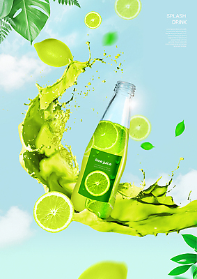 PSD 구름 편집이미지 하늘색 하늘 유리병 나뭇잎 사람없음 초록색 튀는물 라임 패키지 라임주스 스플래쉬 이미지편집 자연요소 컬러 잎 과일 병_용기 파란색 과일주스 액체표현 파일형식