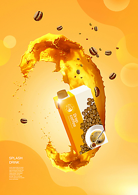 PSD 편집이미지 커피 사람없음 주황색 원두 커피잔 튀는물 패키지 팩음료 스플래쉬 이미지편집 음료 컬러 잔 액체표현 파일형식