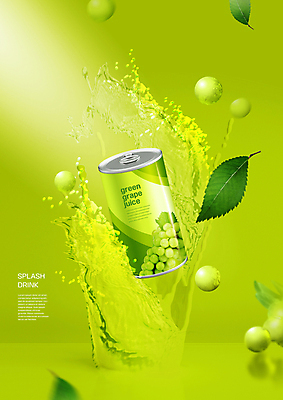 PSD 편집이미지 잎 사람없음 연두색 캔 청포도 튀는물 패키지 청포도주스 캔음료 스플래쉬 이미지편집 식물 음료 포도 초록색 과일주스 액체표현 파일형식