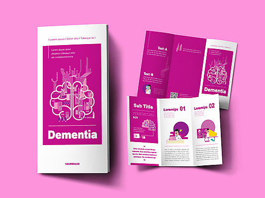 템플릿 표지디자인 표지 남자 내지 리플렛 3단접지 들기 앉기 팜플렛 상반신 성인 세명 의사 자주색 뇌 QR코드 치매 성인남자만 인디자인 INDD 이미지템플릿 컬러 모션 사람 의료진 질병 남자만 성인만 파일형식