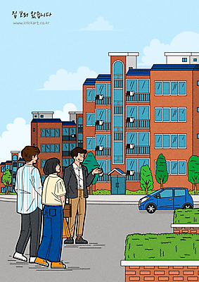 전신 나무 부부 여자 남자 일러스트 자동차 하늘 안내 서기 성인 세명 빌라 내집마련 공인중개사 부동산중개인 성인만 국내일러스트 AI파일 식물 직업 커플 육상교통 모션 부동산 주택 사람 중개인 파일형식 벡터