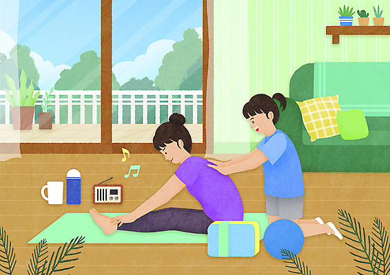 전신 PSD 여자 화분 어린이 쿠션 거실 일러스트 요가 공 모녀 집안 함께함 소녀 성인 취미 두명 소파 수건 스트레칭 머그컵 매트 발코니 도움 밀기 무릎꿇기 소형라디오 텀블러 여자만 집콕 스테이홈 레이어드홈 국내일러스트 웰빙 딸 컨셉 의자 가족 모션 엄마 실내 사람 컵 위생용품 운동 라디오 신조어 파일형식 사회적거리두기 앳홈라이프
