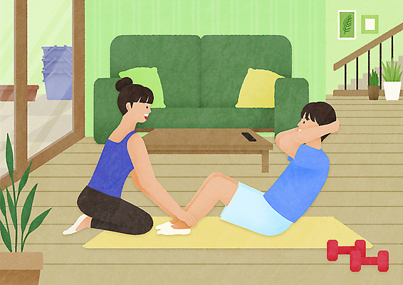 전신 PSD 커플 여자 남자 화분 쿠션 거실 일러스트 탁자 집안 함께함 성인 취미 두명 소파 운동 계단 아령 매트 발코니 잡기 도움 무릎꿇기 윗몸일으키기 성인만 홈트레이닝 집콕 스테이홈 레이어드홈 맨몸운동 국내일러스트 가구 컨셉 의자 관계 모션 실내 건강 사람 신조어 파일형식 사회적거리두기 앳홈라이프