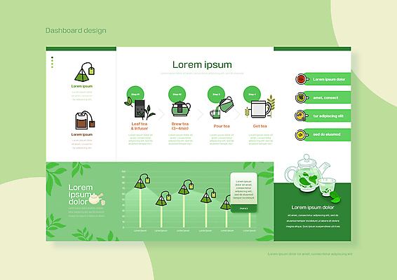 PSD 편집이미지 잎 그래프 사람없음 초록색 차 찻잔 다기 찻주전자 녹차 막대그래프 홍차 찻잎 티백 대시보드 이미지편집 식물 음료 컬러 주전자 잔 차_음료 다도 파일형식