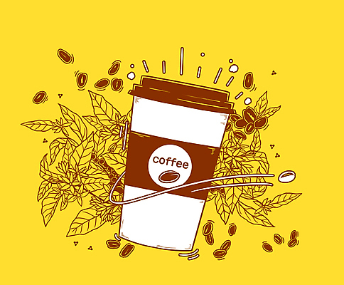 PSD 커피 잎 일러스트 나뭇잎 타이포그라피 사람없음 노란색 원두 원두커피 커피나무 커피열매 테이크아웃컵 국내일러스트 나무 식물 문자 열매 음료 컬러 컵 파일형식