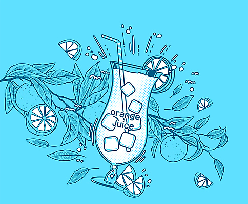 PSD 하늘색 오렌지 일러스트 나뭇잎 잔 빨대 타이포그라피 사람없음 얼음 주스 나뭇가지 오렌지주스 오렌지나무 오렌지조각 국내일러스트 자연요소 나무 문자 식기 음료 잎 과일 파란색 과일주스 파일형식