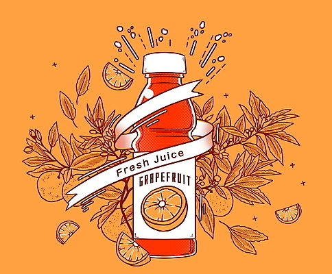 PSD 리본 일러스트 나뭇잎 타이포그라피 사람없음 주황색 나뭇가지 자몽 슬라이스 과일조각 음료수병 자몽주스 국내일러스트 나무 문자 컬러 조각 잎 과일 과일주스 병_담는 파일형식