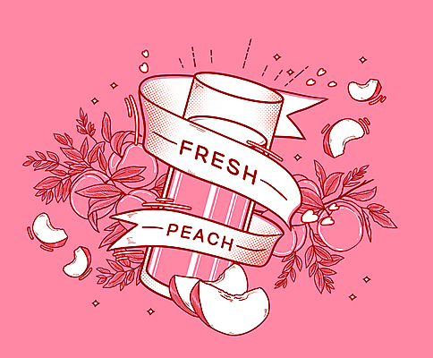 PSD 리본 분홍색 일러스트 나뭇잎 잔 타이포그라피 사람없음 나뭇가지 복숭아 과일조각 복사나무 복숭아주스 국내일러스트 나무 문자 식기 컬러 조각 잎 과일 과일주스 파일형식