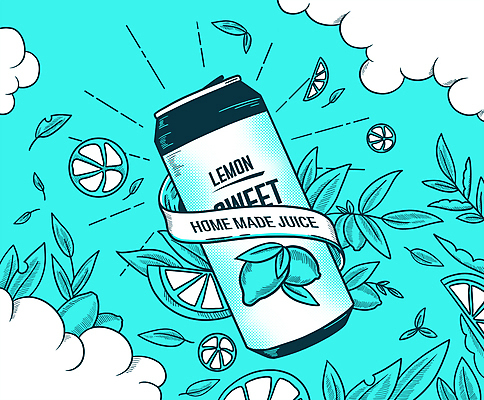 PSD 구름 리본 일러스트 나뭇잎 타이포그라피 사람없음 나뭇가지 캔 레몬 레몬주스 슬라이스 과일조각 민트색 캔음료 홈메이드 국내일러스트 자연요소 나무 문자 음료 컬러 조각 잎 과일 과일주스 만들기 파일형식