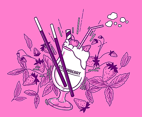 PSD 줄기 분홍색 일러스트 딸기 나뭇잎 잔 빨대 타이포그라피 사람없음 빼빼로 딸기주스 딸기셔벗 셔벗 국내일러스트 식물 문자 식기 컬러 잎 과일 디저트 과일주스 막대과자 파일형식